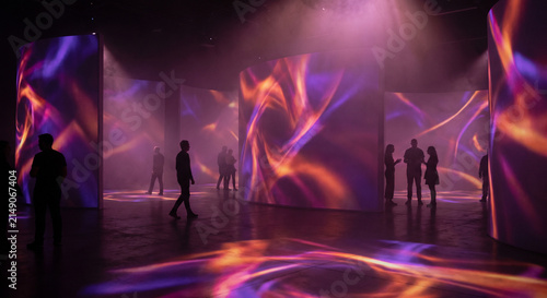 People walk through an interactive light exhibition and modern projection art installation inside a museum.