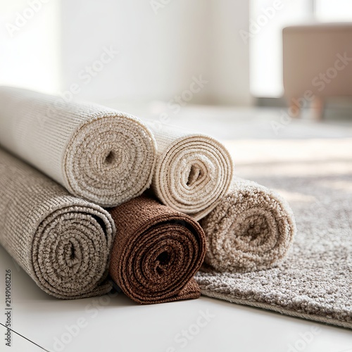 Carpets sit rolled on a white floor.