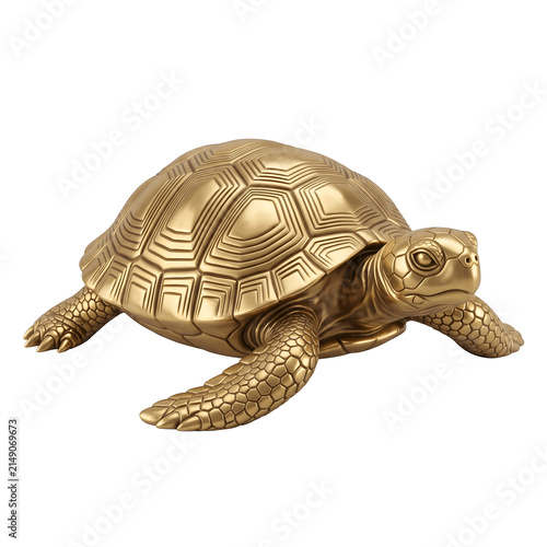 Decorative metallic golden turtle figurine isolated against clean white studio product view with sculpture with sculpture on transparent  background