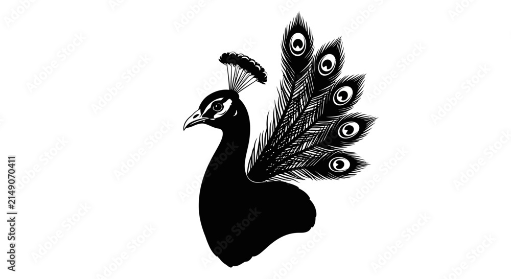 Obraz premium Elegant black peacock silhouette displaying fanned feathers in monochrome