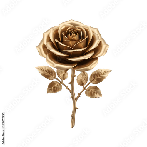 Luxurious shiny golden metallic rose flower with leaves with displays single realistic on transparent  background
