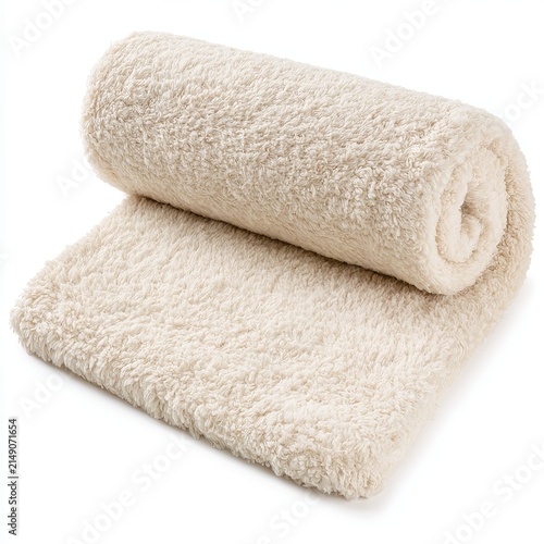 Fluffy rolled carpet sits on white background.
