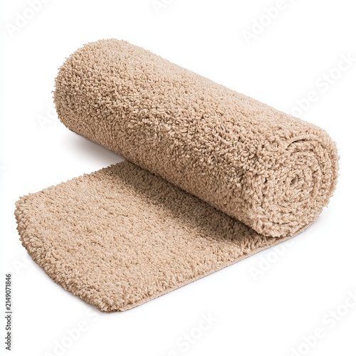 Fluffy rolled carpet sits on white background.