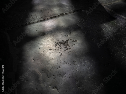 Принти на полотні Weathered dark grey stone floor slabs in a shaft of light, scratched and pitted bluestone surface texture for a moody background