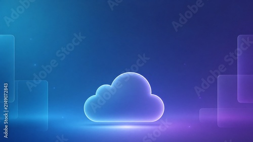 Futuristic cloud computing icon, glowing digital storage concept, blue and purple neon network background for technology data services