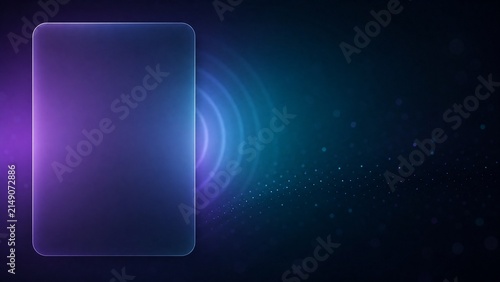 Futuristic glassmorphism card on dark background, glowing frosted glass panel with neon signal waves, digital tech interface display