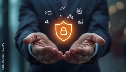 Business professional hands holding glowing digital protection shield symbol representing cybersecurity data safety management concepts with surrounded various professional