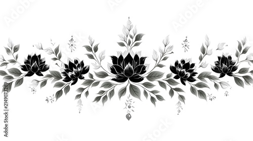 Elegant Floral Border with Black Lotus Flowers and Gray Leaves on White Background