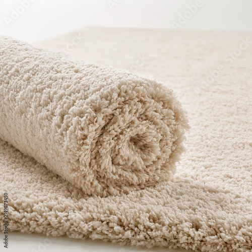 Fuzzy carpet sits rolled on white backgrounds as home decor.