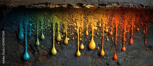 Colorful Paint Dripping Down a Dark Wall - Abstract Art.