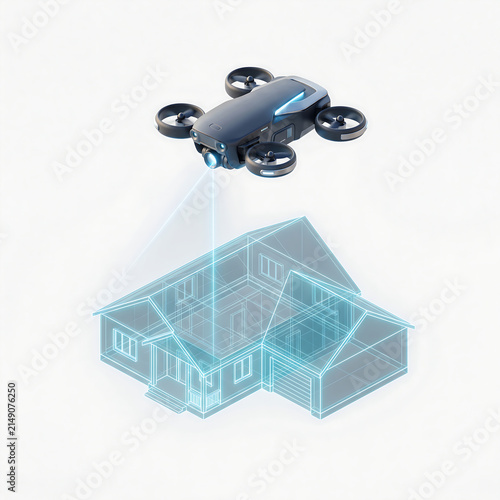 The future of civil engineering, Modern drone scanning a house blueprint hologram in 3D illustration
