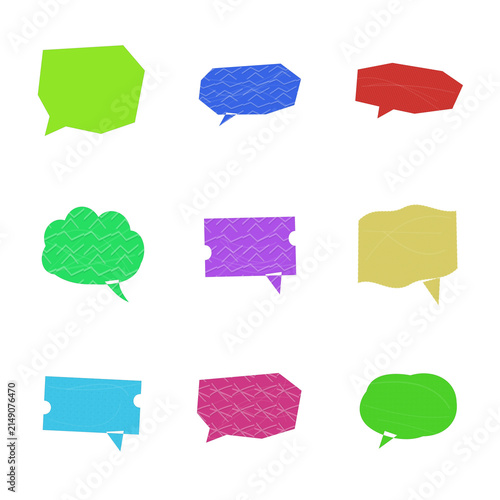 Nine colorful abstract geometric speech bubbles in a grid arrangement with textured paper effect isolated on transparent background