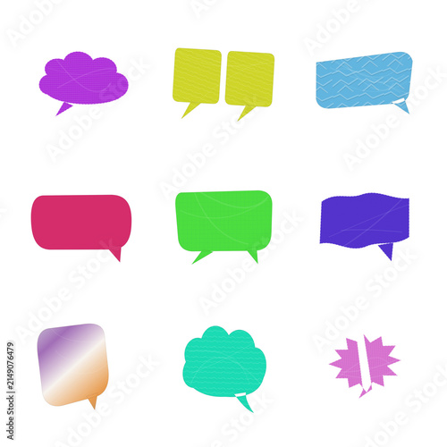 Assorted colorful abstract speech bubbles and thought clouds with varied textures and patterns isolated on transparent background