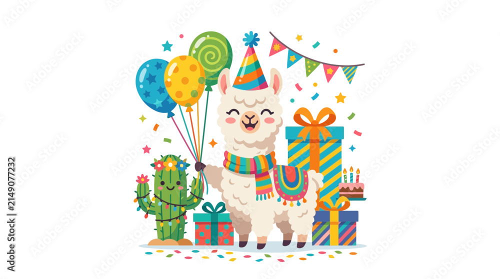 Naklejka premium Cute Alpaca Character Celebrating Birthday with Colorful Balloons and Gifts