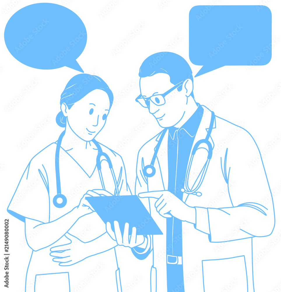 Fototapeta premium A blue-line illustration showing a doctor and a nurse collaborating during a health consultation