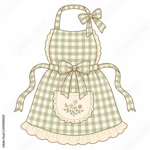 Vintage Checkered Apron Design with Floral Embroidery and Bow
