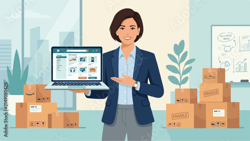 Businesswoman presents an e-commerce platform on her laptop, surrounded by stacked cardboard shipping boxes in a professional office.