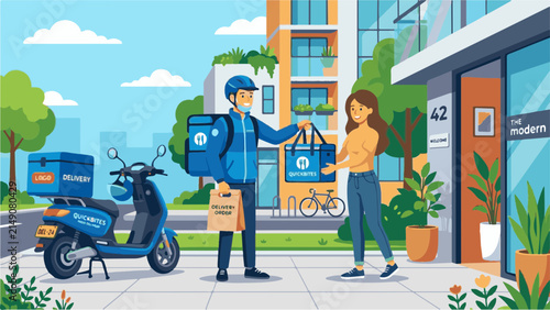 Delivery worker in a blue uniform hands a thermal food bag to a customer standing in front of a modern apartment building.