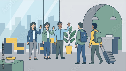 Colleagues standing in a bright modern office lobby greet arriving travelers with a warm wave.