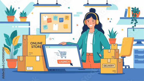 Entrepreneur wearing headphones smiles while launching an online store platform on her office computer surrounded by packages.