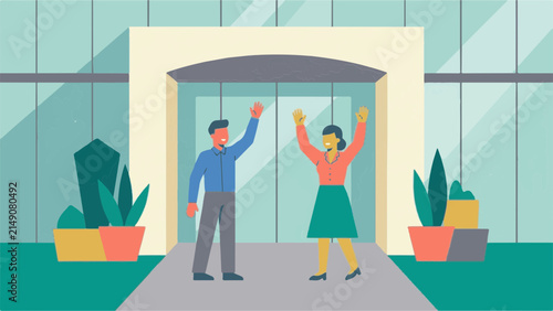 Professional man and woman stand at a modern glass office entrance waving their hands in a friendly greeting.