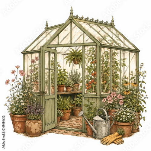Charming Glasshouse with Lush Plants and Garden Tools in Detail