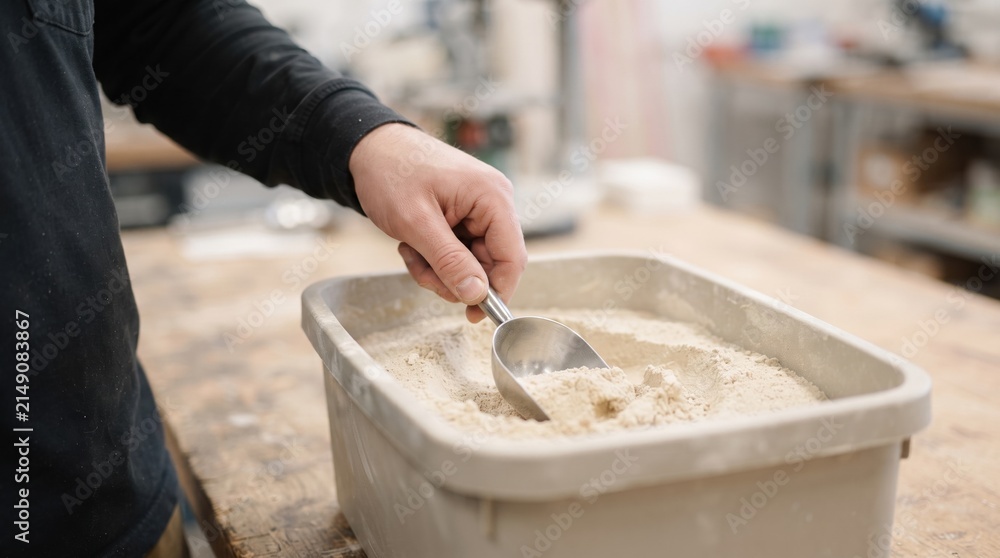 Fototapeta premium In a bustling workshop filled with tools, a person carefully stirs flour with a scoop. The light shines on the flour as excitement builds for the next baking adventure.