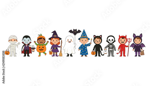 Cute Kids in Halloween Costumes Vector Set with Vampire, Witch, Ghost, and Skeleton Characters for Party and Kids Designs