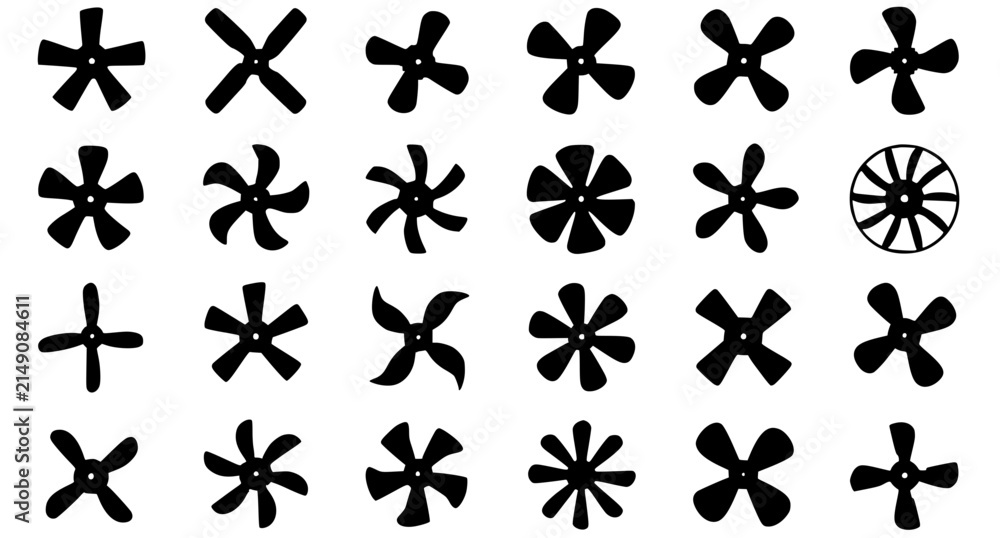 Fototapeta premium Premium black propeller and fan rotor silhouette vector collection with multiple blade styles isolated on white background