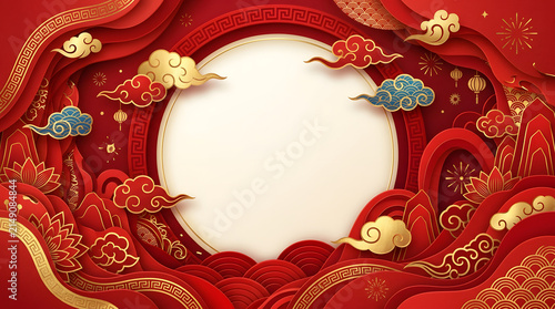 Floral ornament with clouds and waves red and gold vector illustration