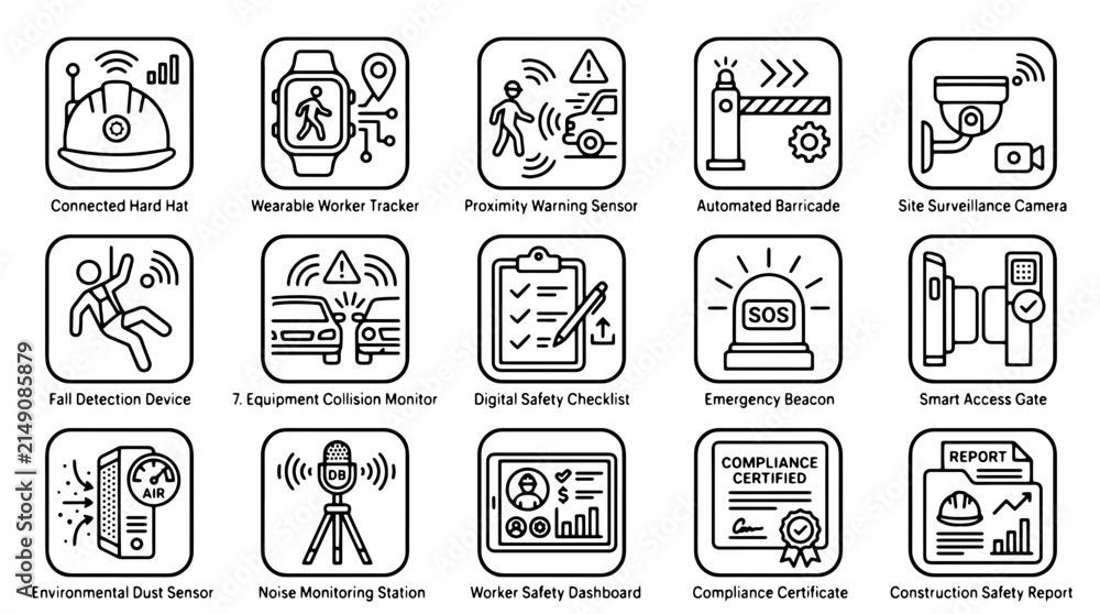 Fototapeta premium Industrial smart safety icons, 15 construction site technology line symbols, digital worker monitoring and compliance vector set