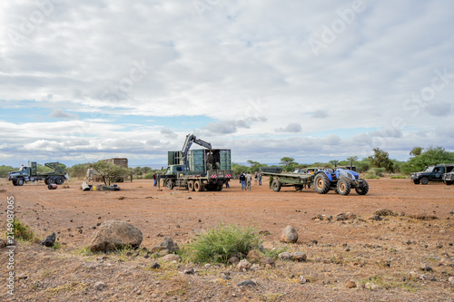 Kajiado County, Kenya - 29 May 2023: View of wildlife rangers logistics team and trucks preparing to transfer a sedated Elephant in Amboseli, Kenya.