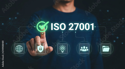 Fototapeta kuchenna Hand tapping iso 27001 certification icon on digital interface