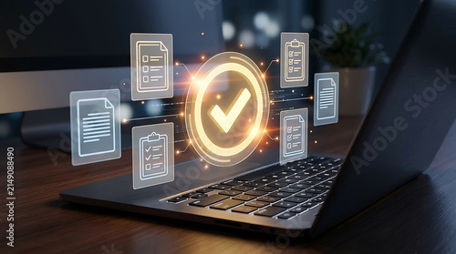 Digital Document Verification Concept With Check Mark Icon And Floating Data Files On Laptop Screen