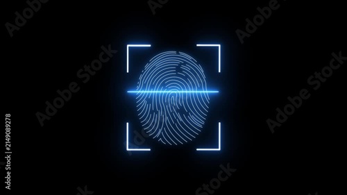 Glowing neon fingerprint scanning animation. fingerprint scanning neon sign video, fingerprint lock secure security , biometric icon set, with black background