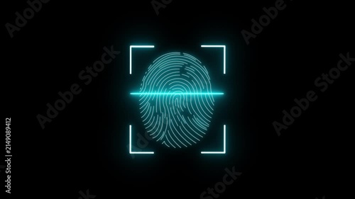 Glowing neon fingerprint scanning animation. fingerprint scanning neon sign video, fingerprint lock secure security , biometric icon set, with black background