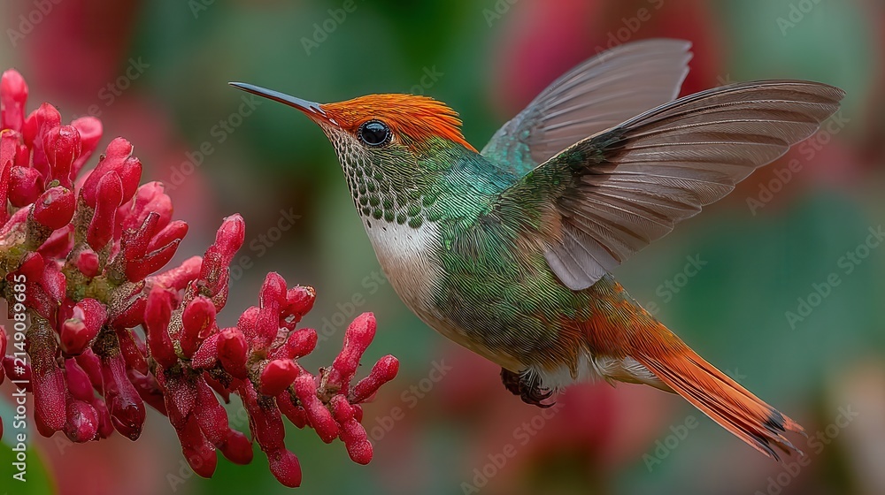 Obraz premium Rufous tailed hummingbird hovering midair, long beak probing red tubular blossoms, iridescent green orange plumage flashing as it feeds on nectar in a tropical garden setting