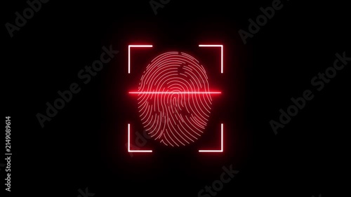 Glowing neon fingerprint scanning animation. fingerprint scanning neon sign video, fingerprint lock secure security , biometric icon set, with black background
