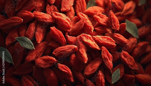 A Close Up Top View Full Frame Texture of Many Scattered Healthy Raw Organic Dried Goji Berries