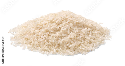 A pile of uncooked white rice grains on white background. The grains are elongated and uniform, forming a mound shape in the middle of the frame. Top view of the dry rice kernels..