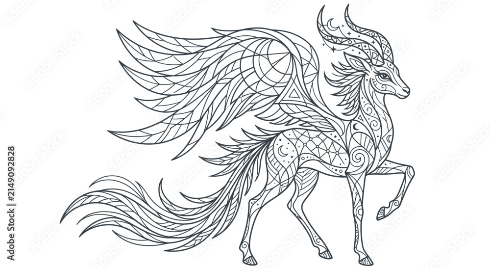 Fototapeta premium Intricate Mythical Winged Deer with Ornate Celestial Patterns Line Art