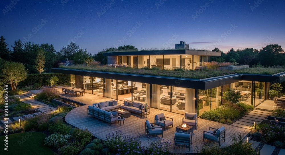 Fototapeta premium Modern luxury house with a green rooftop garden and illuminated patio at dusk.