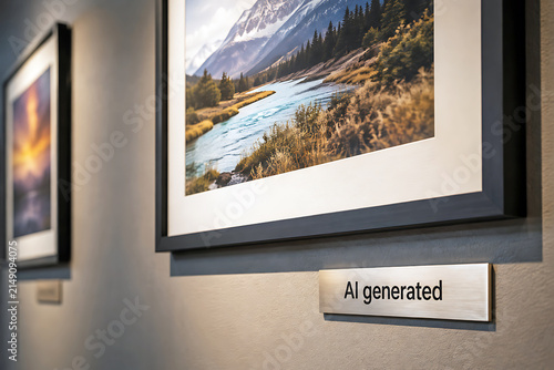 AI generated label under framed artwork indicating disclosure requirement