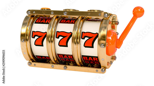 Obraz na płótnie Golden slot machine with three reels showing lucky sevens and bars