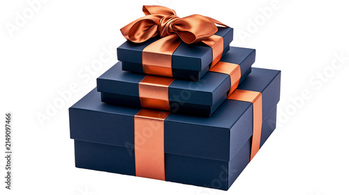 фотографія Stack of three navy blue gift boxes with copper ribbon and bow