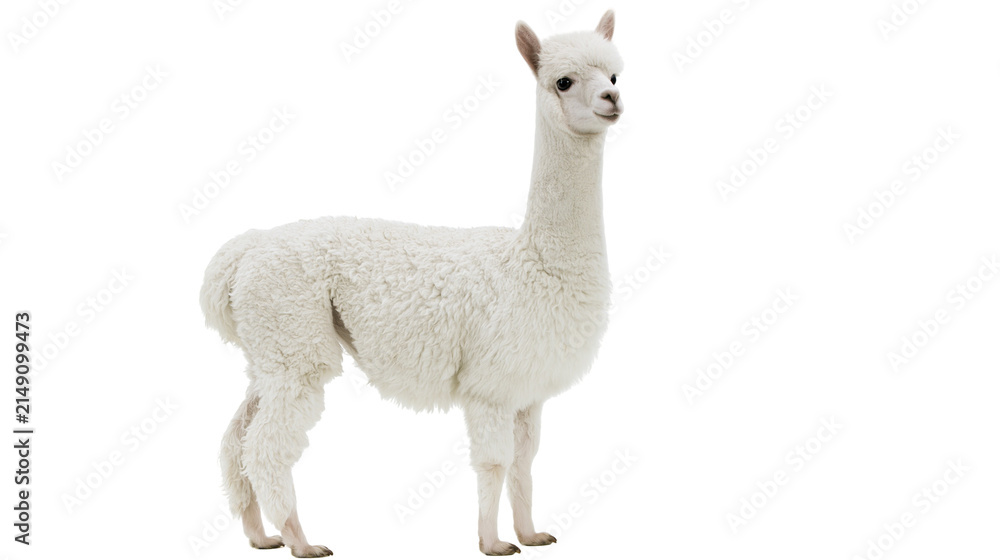 Obraz premium White fluffy alpaca standing profile view