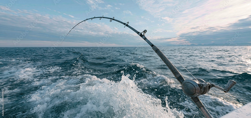 Fototapeta premium A vibrant fishing rod bending over ocean waves, highlighting the thrill of offshore fishing and water adventure.