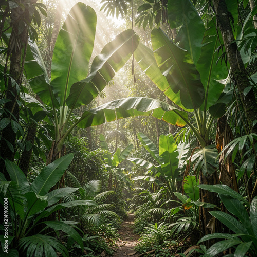 Dense tropical jungle with large banana leaves, soft sunbeams filtering through the canopy, realistic rainforest environment, vibrant emerald colors, cinematic mood, peaceful botanical scenery, 