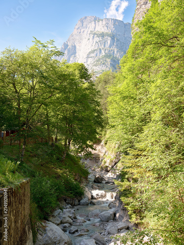 Mountain stream flowing beneath towering cliffs near Lake Molveno, Italy

