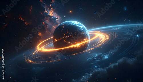 Cinematic 3D Illustration of a Futuristic Planet with Glowing Golden Rings in Deep Space Nebula